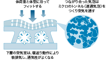 下層の空気室は、寝返り動作により吸排気し、通気性がよくなる